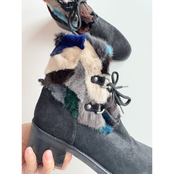 STUART WEITZMAN Black Suede Rainbow Rabbit Fur Trim Combat Boots, Size 8 - Picture 4 of 15
